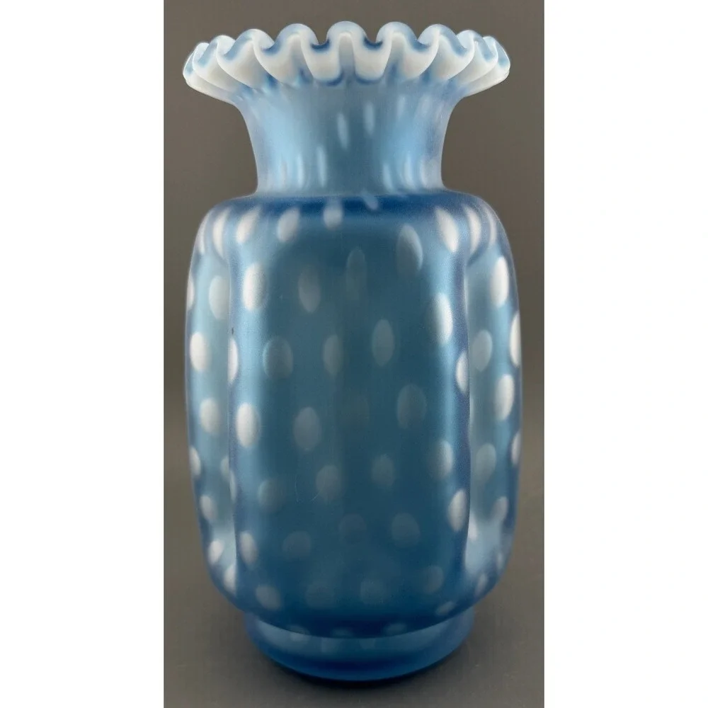 Vintage Fenton Vase Satin Blue Opalescent Optic Dot Pinch Crimped Rim 8